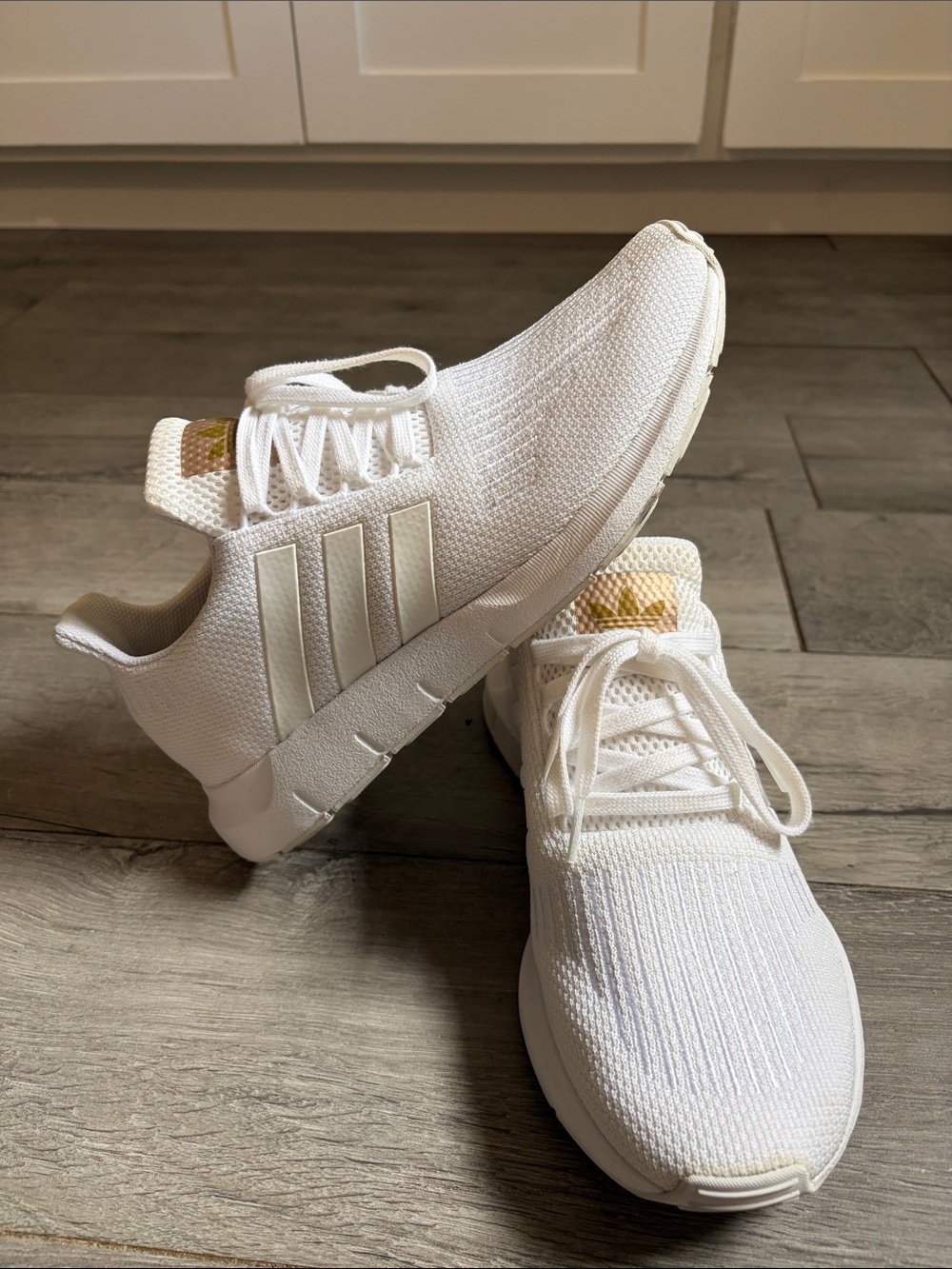 Adidas White Knit Sneakers with Rose Gold Tongue Accent